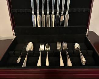 S2 - $1,300. S. Kirk & Son Sterling Flatware Set. 8 Knives, 8 Dinner Forks, 8 Salad Forks, 8 Spoons, 2 Serving Spoons, 1 serving knife.