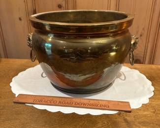 B35 - $40. Vintage Embossed Brass Planter with Foo Dog Handles.