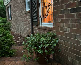 B139 - $75. Large Terra Cotta Planter with Ivy and basket plant holder. HEAVY - please have a way to move.