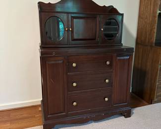 B17 - $150. Secretary Desk. Vintage - Solid Wood - Very sturdy. Measures 36" wide x 18" deep x 51.5" tall. Has 4 adjustable shelves on the sides. Does come apart if needed to move in 2 pieces.