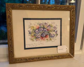 B134 - $15. Framed Print "Bermuda Morning Glory & Plumbago" Measures 11.25" x 9.5" framed.