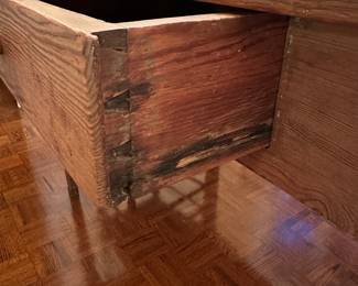 B151 - $550. Antique 2 Plank Farm House Table with Single Drawer. Measures 34" x 50.5" x 30.75". (6 Chairs priced separately for $400 - but do fit with the table)