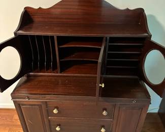 B17 - $150. Secretary Desk. Vintage - Solid Wood - Very sturdy. Measures 36" wide x 18" deep x 51.5" tall. Has 4 adjustable shelves on the sides. Does come apart if needed to move in 2 pieces.