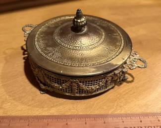 B72 - $30. Apollo Brass Candy Dish with green glass divided candy dish included.