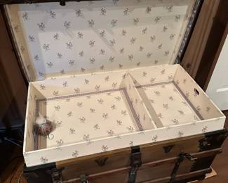 B24 - $95. Trunk used in the 1920s going from Durham to Elon! Inside and Leather has been repaired. Measures 40" wide x 22.5" deep x 24" tall.