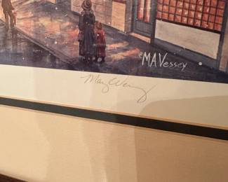 B135 - $60. MA Vessey signed and numbered print. "The Corner" Charlottesville VA. #173/300. Measures 27" x 21" framed.