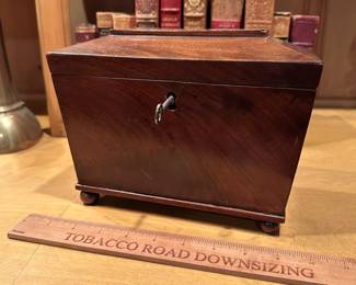 B97 - $75. Tea Caddy with key that works! Inside of the box isn't in the best of condition but the outside is very nice.