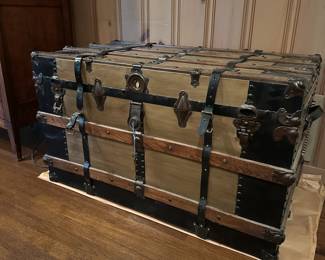 B24 - $95. Trunk used in the 1920s going from Durham to Elon! Inside and Leather has been repaired. Measures 40" wide x 22.5" deep x 24" tall.