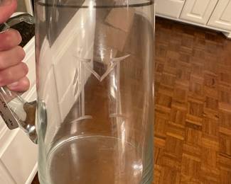 B123 - $70. Pitcher & 8 Glasses. Monogrammed with an "M". Silver Banded.
