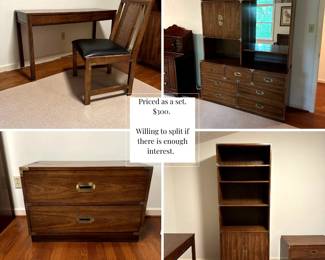 B16 - $300. Campaign Style Furniture. Believed to be Bernhardt. Priced as a set but willing to split if there is enough interest. Desk & Chair. 2 drawer cabinet. Bookcase. 2 Piece Hutch.