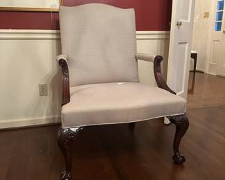 B147 - $175. Hickory Chair Company Oversized Upholstered Chair. Measures 29" wide x 26" deep x 41" tall. (Not stained - just tough lighting in the rain!)