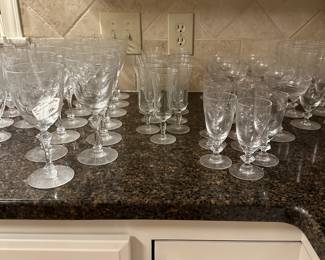 B126 - $100. 45 Pcs Tiffin Franciscan Delores. 4 sizes of glasses.