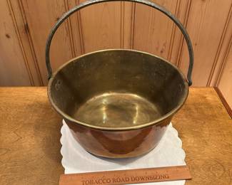 B29 - $85. Large Antique Brass Cooking Pot / Jelly Pot. Bottom shows signs of use on a fire.