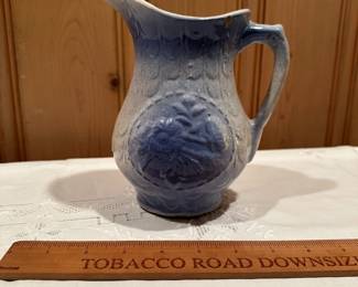 B111 - $30. Blue & White Salt Glaze Stoneware Pitcher