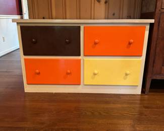 B25 - $50. Homemade Vintage Dresser. Measures 52.5" long x 20.25" deep x 30.75" tall. All drawers slide. Great for a dresser or extra storage.