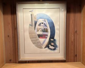 B81 - $225. Jean Simons Original Watercolor of Shorebirds & Boat. Measures 27" x 32.25" tall.