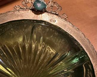 B72 - $30. Apollo Brass Candy Dish with green glass divided candy dish included.
