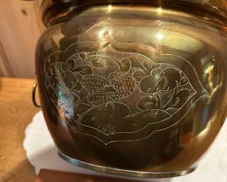 B35 - $40. Vintage Embossed Brass Planter with Foo Dog Handles.