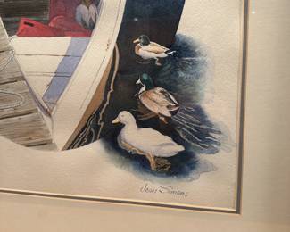 B81 - $225. Jean Simons Original Watercolor of Shorebirds & Boat. Measures 27" x 32.25" tall.