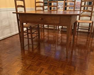 B151 - $550. Antique 2 Plank Farm House Table with Single Drawer. Measures 34" x 50.5" x 30.75". (6 Chairs priced separately for $400 - but do fit with the table)