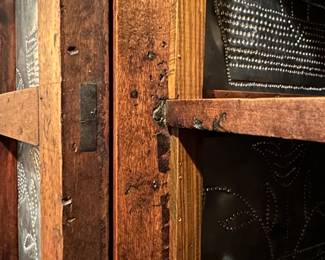 B23 - $550. Punched Tin Large Antique Pie Safe. Measures 42.75" wide x 18" deep x 77" tall. Single Drawer slides. Someone has cut a hole in the back of the bottom part for cords.