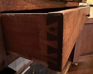 B23 - $550. Punched Tin Large Antique Pie Safe. Measures 42.75" wide x 18" deep x 77" tall. Single Drawer slides. Someone has cut a hole in the back of the bottom part for cords.