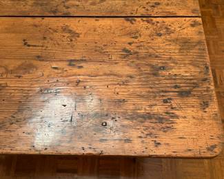 B151 - $550. Antique 2 Plank Farm House Table with Single Drawer. Measures 34" x 50.5" x 30.75". (6 Chairs priced separately for $400 - but do fit with the table)
