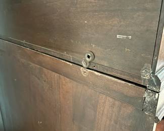 B17 - $150. Secretary Desk. Vintage - Solid Wood - Very sturdy. Measures 36" wide x 18" deep x 51.5" tall. Has 4 adjustable shelves on the sides. Does come apart if needed to move in 2 pieces.