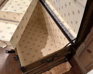 B24 - $95. Trunk used in the 1920s going from Durham to Elon! Inside and Leather has been repaired. Measures 40" wide x 22.5" deep x 24" tall.