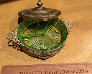 B72 - $30. Apollo Brass Candy Dish with green glass divided candy dish included.
