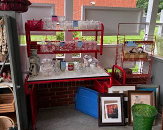 Lots of glassware and enamel desk