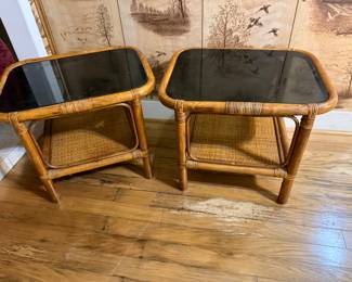 MID CENTURY MODERN PAIR OF RATTAN GLASS TOP TABLES