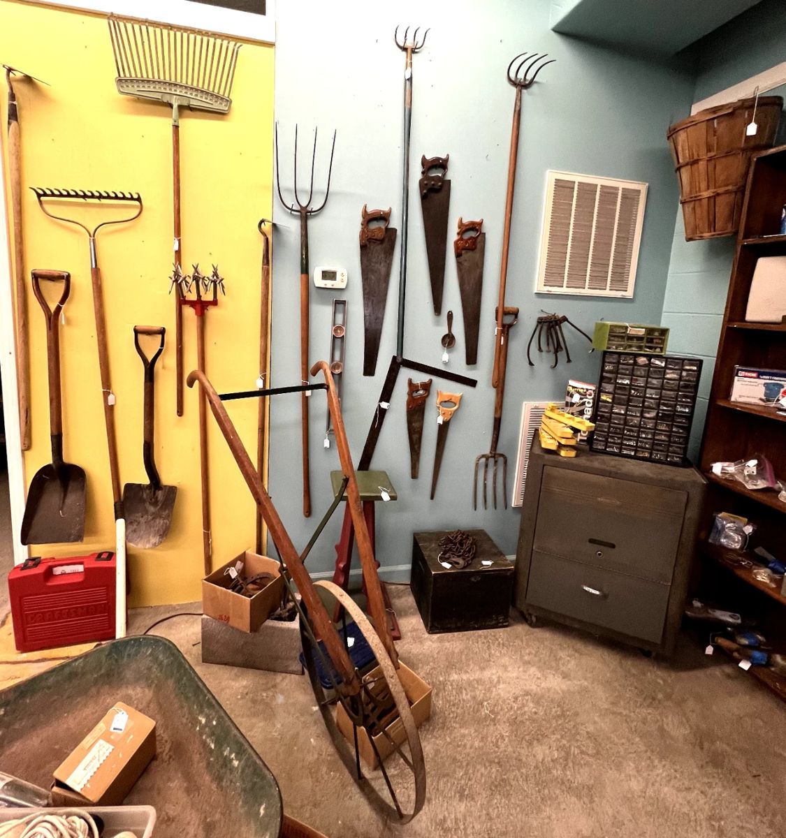 Tools galore, hand plow, wheelbarrow, Craftsman tool cabinet, etc.