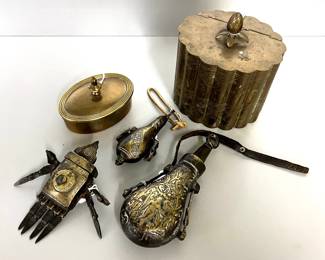 Powder flasks, bullet box, trinket boxes