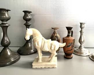 Chinese horse, candle sticks, vases