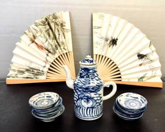 Chinese fans and tea set