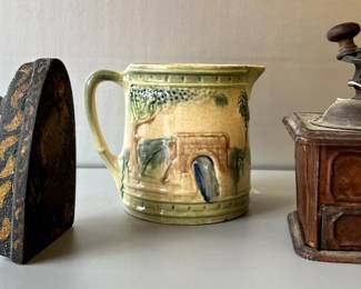 Sad flat iron, "The Bridge" Roseville pottery, coffee grinder