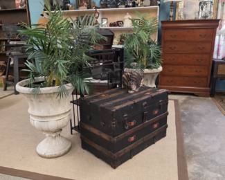 Chest, pair of large pedestal urns, antique trunk