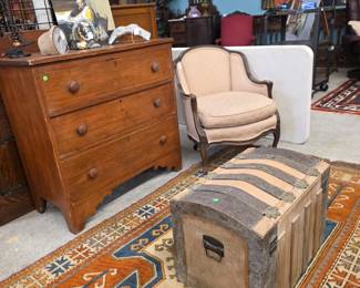 Chest, boudoir chair, trunk, rug