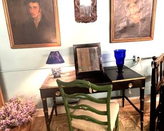 Greenbrier desk/dressing table and chair, paintings