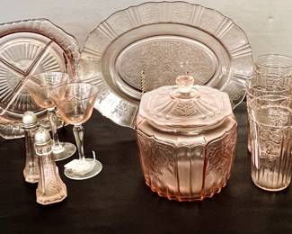 Pink Depression platter, salt and pepper, tumblers, goblets
biscuit jar