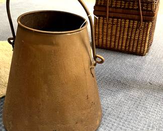Copper milk/water bucket, wicker picnic basket
