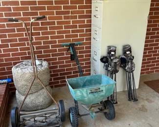 reel mower, spreader, folding chairs, file cabinet