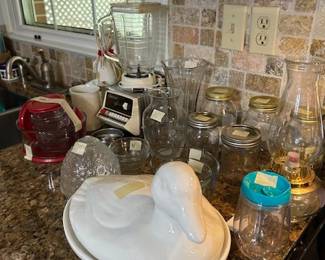 duck tureen, blender, jars, etc.