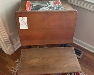 life magazine, oriental round rug, schoolhouse desk