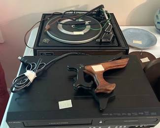 turntable, vcr/dvd player, stands, vintage vinyl lps