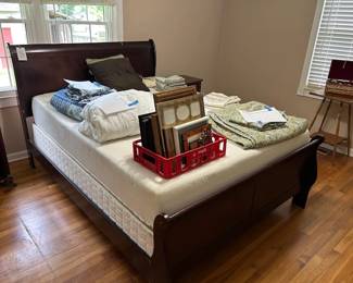 Queen sized Sleigh bed with mattress and springs, bedding, frames