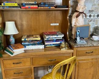desk chair, books, pig chalboard