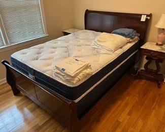 full sized queen bed w/mattress and springs, marble topped nightstands with lyre base, pink lamp