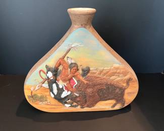 Vintage Native American Indian- Buffalo Hunter Hand painted vase